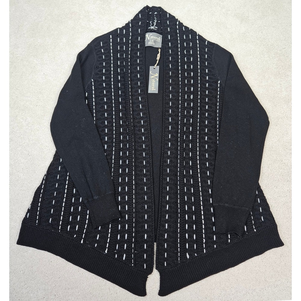 NWT's Natural Reflections Black Stitch Detail Open Front Cardigan Sweater Size L